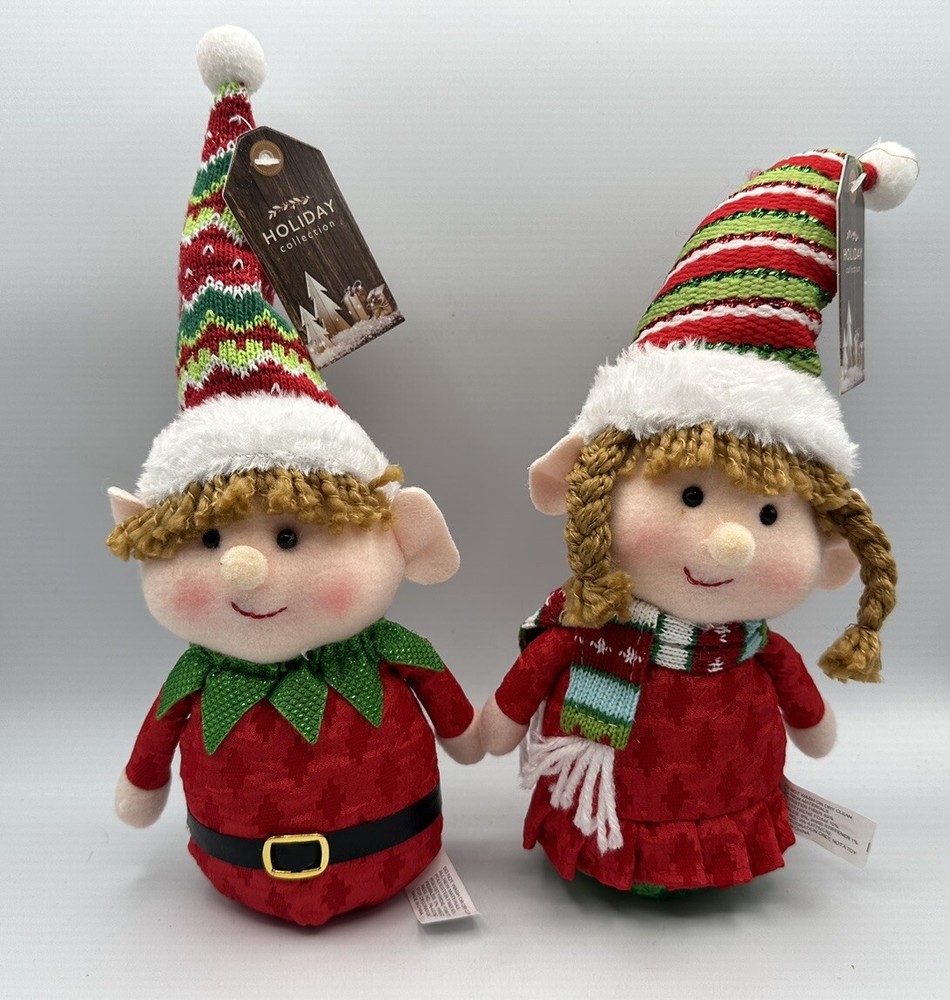2-12” Plush Elf Christmas Decorations Boy & Girl Red Green Holiday Collection