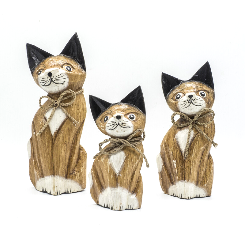 Cat Stand Hand Carved Set of Three Wood Statue Figurine Sculpture Wooden Cute