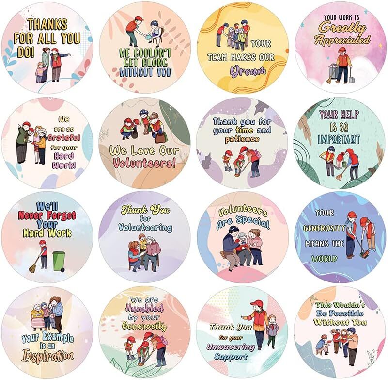 Volunteer Appreciation Stickers Pack - 20 Sets, 16 Unique Designs
