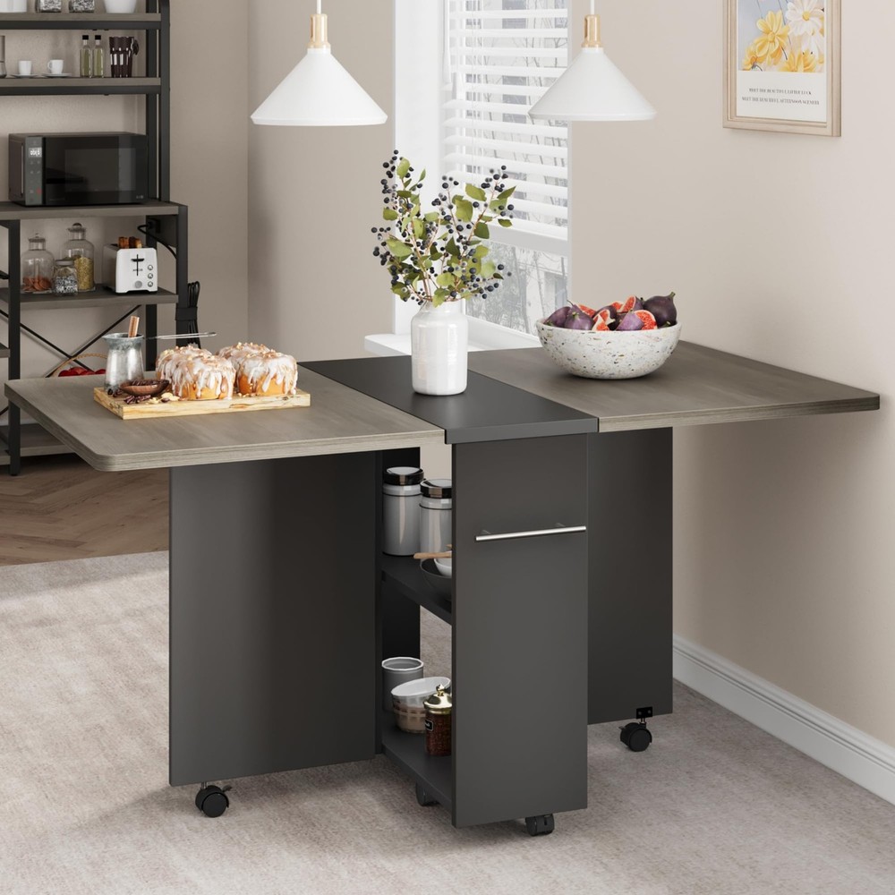 Space-Saving Folding Dining Table with Drop Leaf and Storage Racks for Small Kitchens