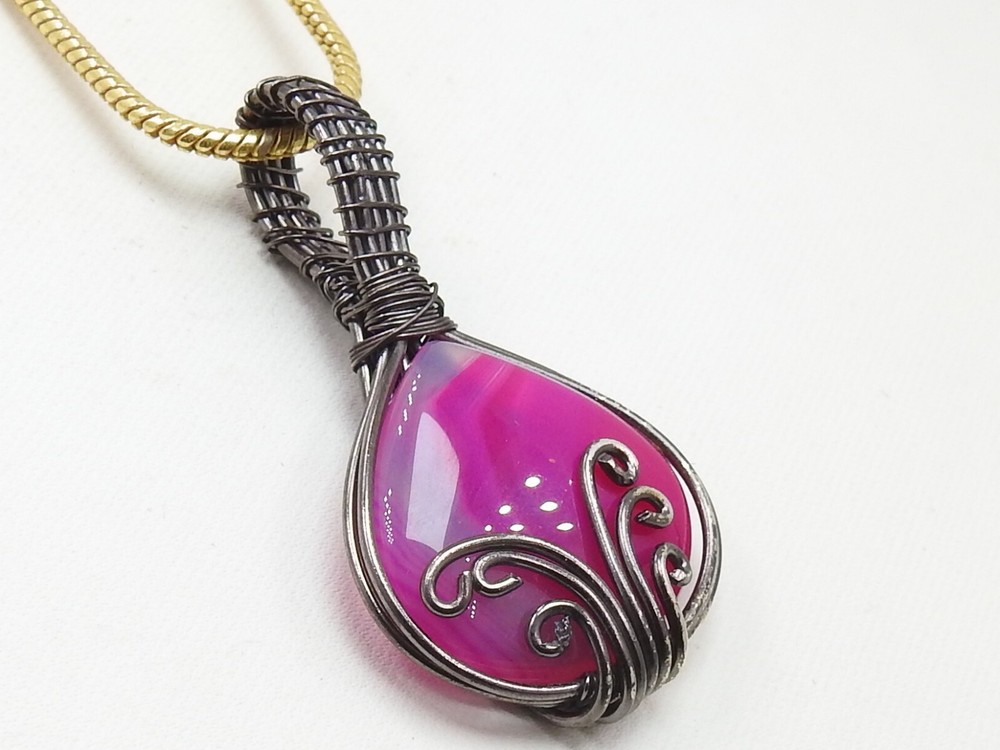 Pink Strip Agate Brass Pendant Silver Oxidised Polished Wire Wrapped Jewelry