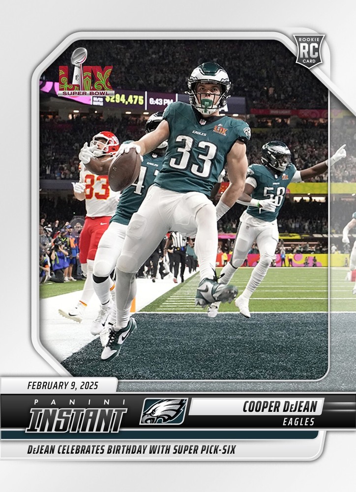 Presale Panini Instant Cooper DeJean Super Bowl Pick 6 Eagles Card-image