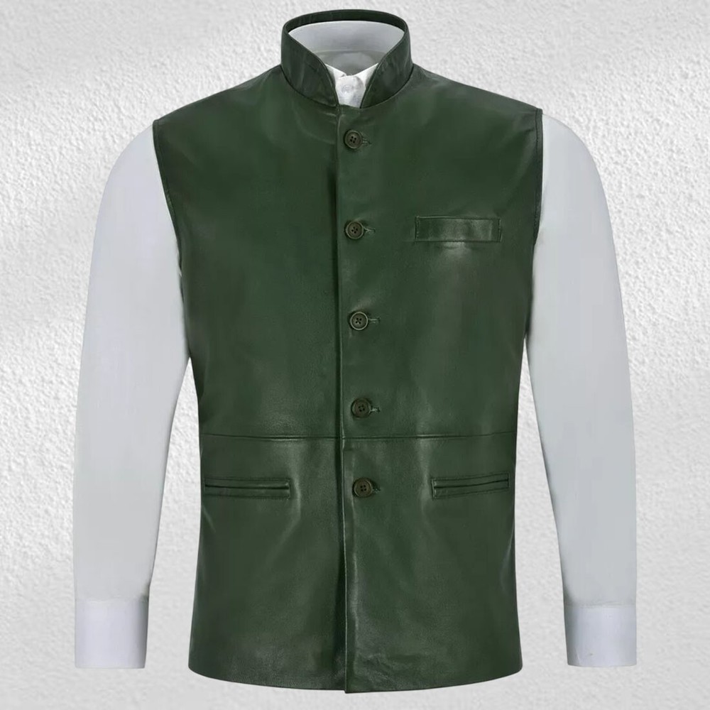 Mens Genuine Green Lambskin Leather Waistcoat Western Vest Coat Cowboy