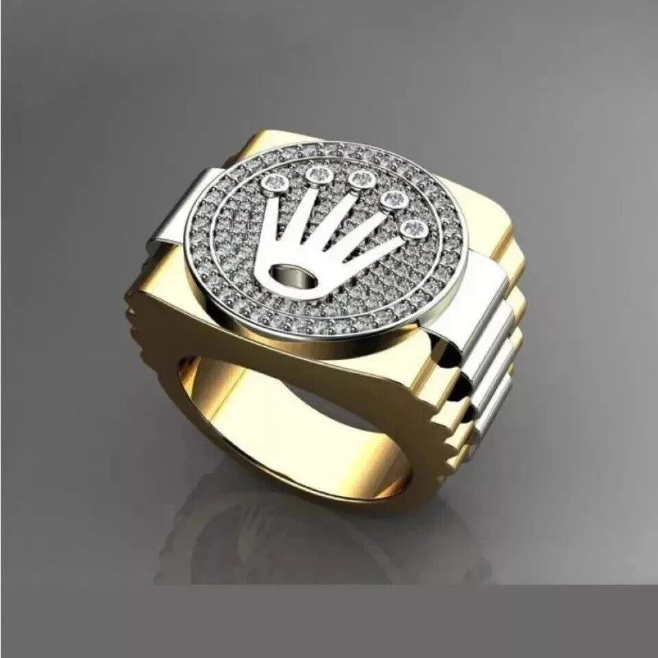 1Ct Round Cut Real Moissanite Men's Crown Engagement Ring 14K Yellow Gold Plated