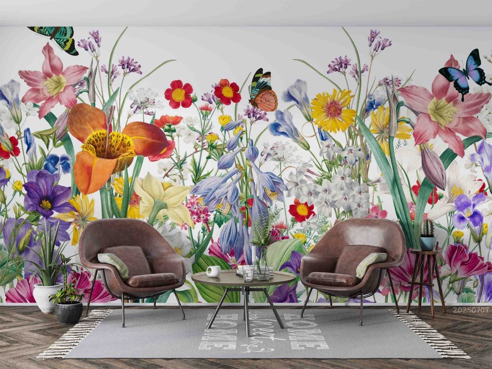 3D Flowers Butterfly Watercolor Wall Murals Wallpaper Murals Wall Sticker