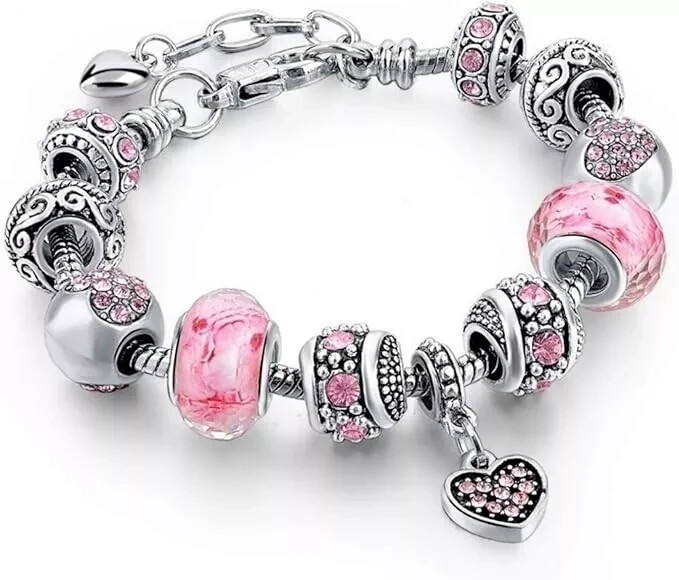 PANDORA Silver Bracelet Featuring Crystal Heart and Love European Charms