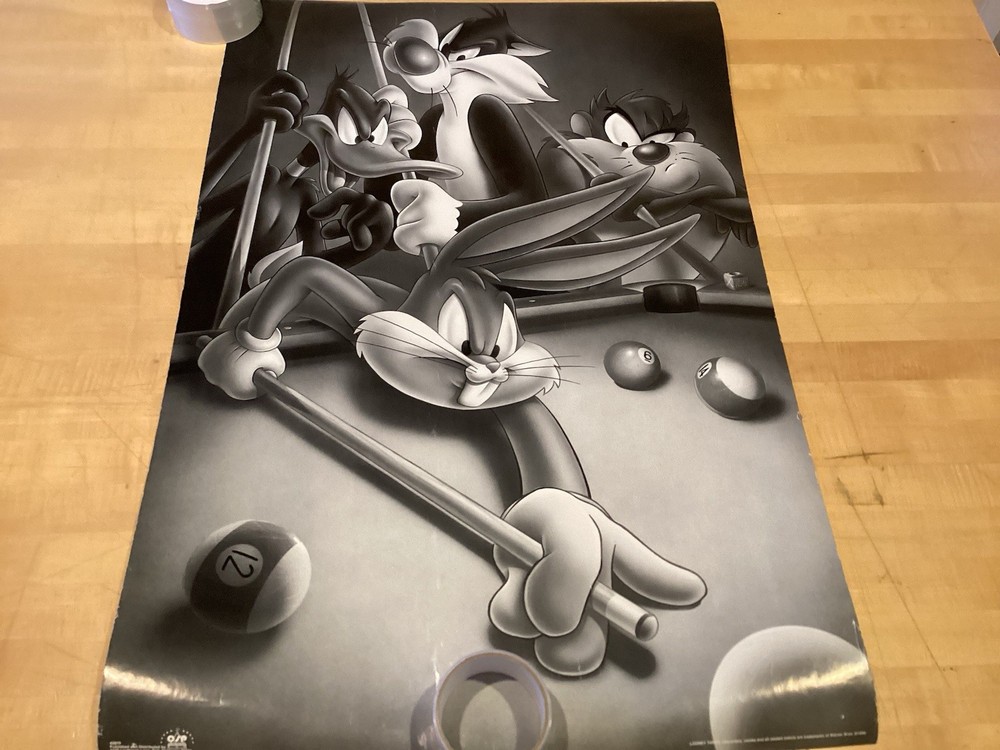 Vintage 1990s Looney Tunes Taz Bugs Bunny Pool Poster 23x35 Large