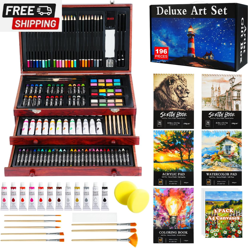 196 Piece Art Kit, Deluxe Art Supplies Painting Art Set with 5 Drawing Pad, Canv