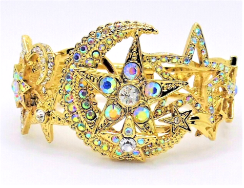 Kirks Folly MOON MAGIC Aurora Borealis Crystal Moon & Stars Bracelet Goldtone