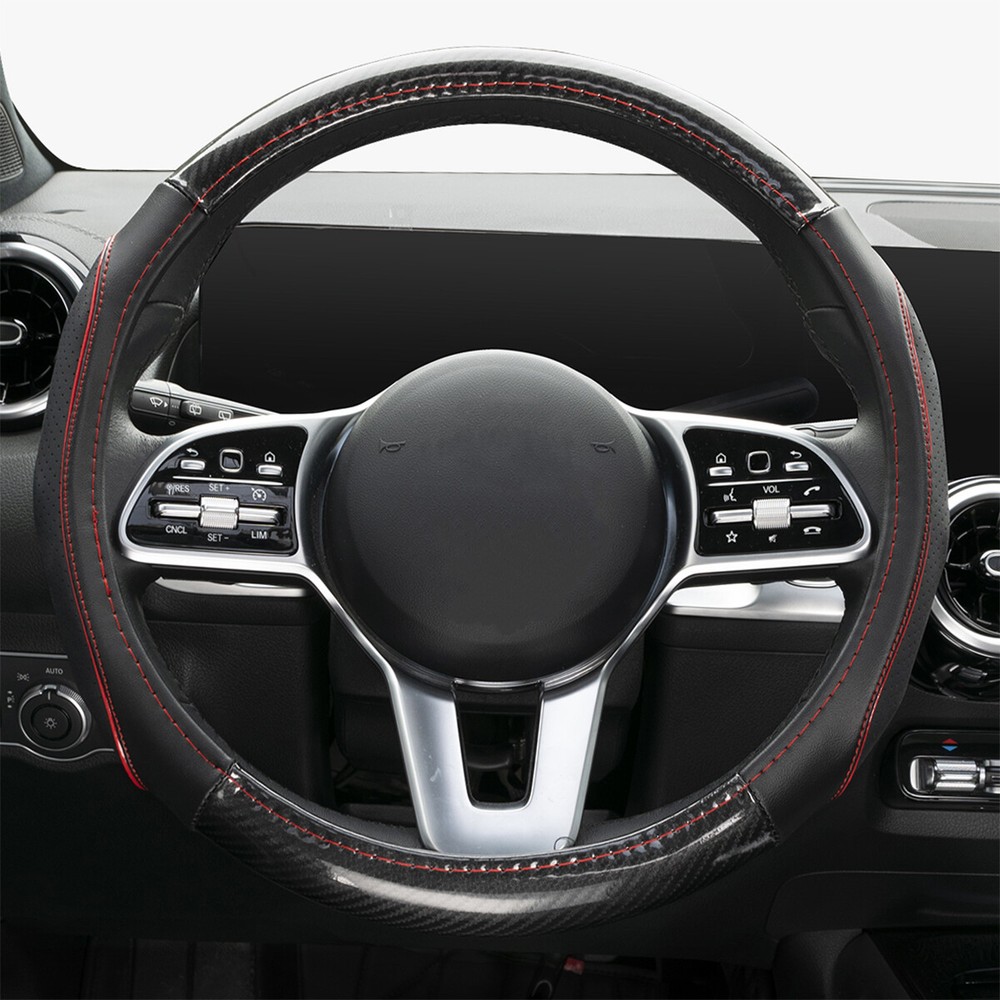 15'' Cowhide Black Leather Steering Wheel Cover Carbon Fiber Car Accessories &US