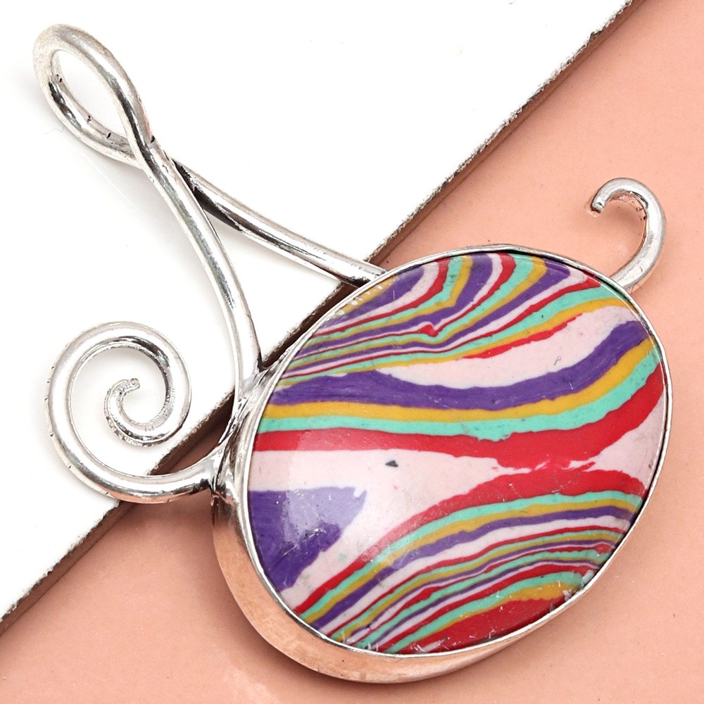 Rainbow Calsilica Gemstone Handmade Silver Pendant Jewelry for Women & Men