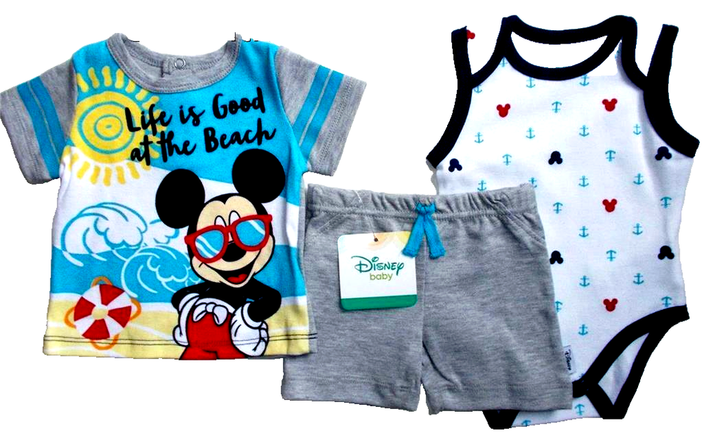 DISNEY Mickey Mouse  BABY 3-Piece SET:  Shirt, Shorts, & Bodysuit [0-3 mos.] NEW