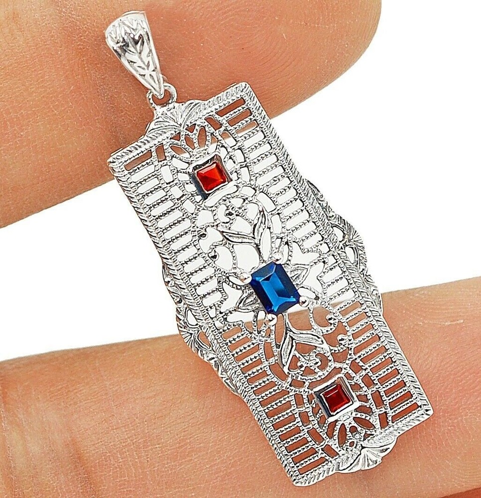 Treated Sapphire & Ruby 925 Sterling Silver Victorian Style Pendant UM101
