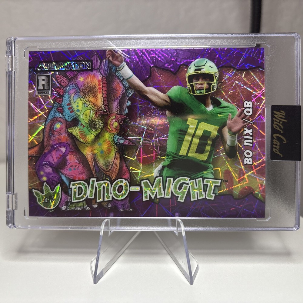 2023 Panini Wild Card Bo Nix Dino Might Purple 4/5 Rookie Card