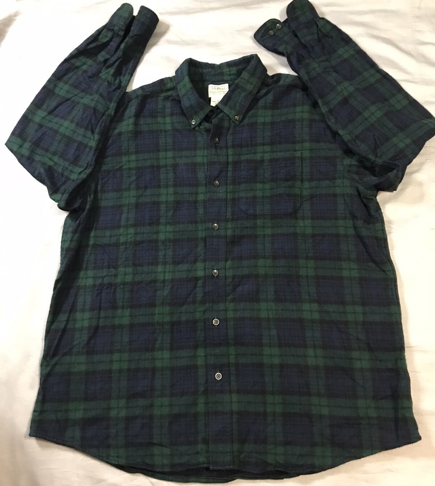LL Bean Men's Extra Large Flannel Shirt in Green Blue Black Plaid with Pocket