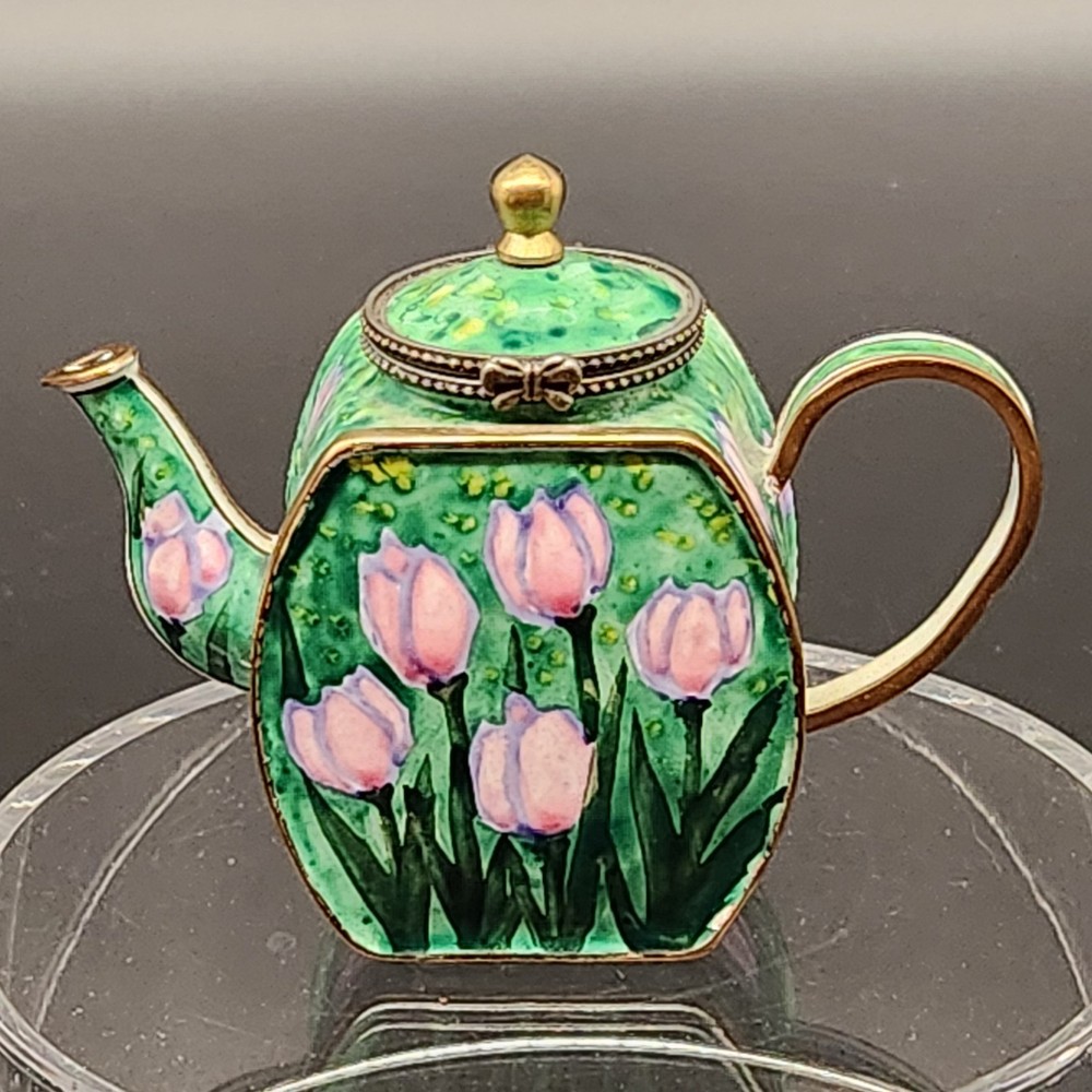 Vtg Signed Kelvin Chen Enamel Porcelain Mini Teapot Tulip “Queen Of Night” #4087
