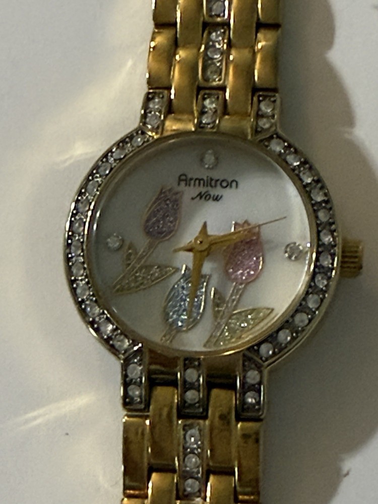 Vintage Armitron Now Gold Tone Tulip Watch White Dial Women's