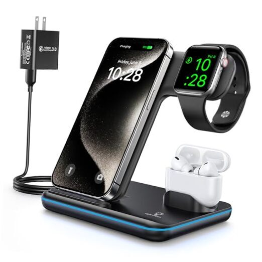 Wireless Charger 3 in 1, 15W Fast Charging Station for Apple Watch Black