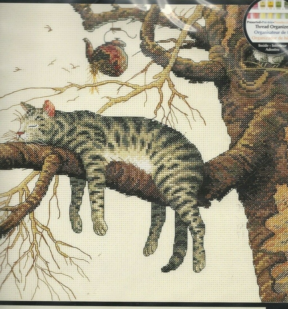 TOO POOPED--Cat Asleep on a Tree Branch--Birds--Counted Cross Stitch KIT