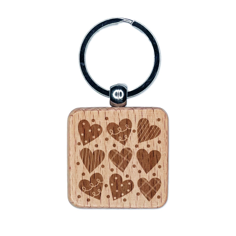 Artsy Hearts Love Engraved Wood Square Keychain Tag Charm