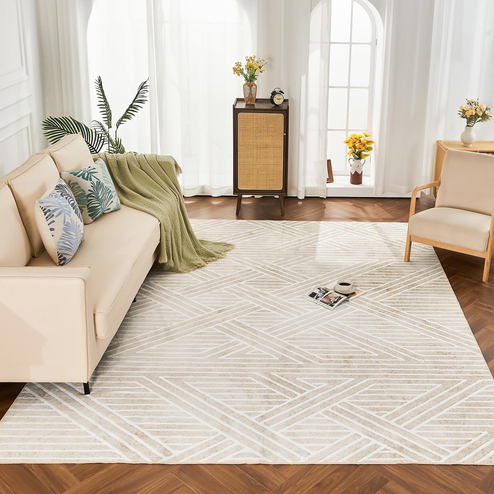 5x7 Washable Beige Geometric Rug for Living Room Bedroom Modern Non-Slip Design