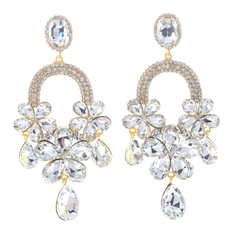 Gold Tone Metal Rhinestone Large Crystal Chandelier Post Earrings ESE9967-GCL