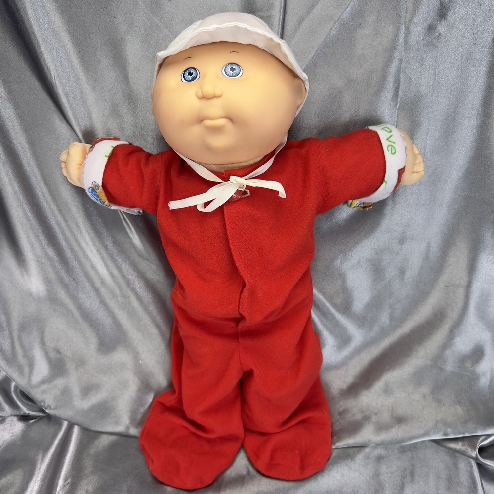 VTG Cabbage Patch Kids Doll 1991 Hasbro Bald Blue Eye Baby Hat Green Xavier Toy