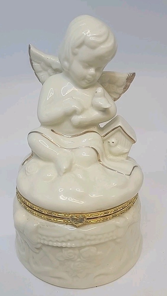 Vintage SEI Porcelain Cherub W/Doves Trinket Box W/Gold Trim Hinged 7.5