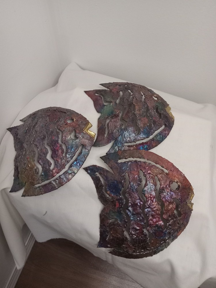 Three Vintage MCM Brutalist Sheet Metal Fish Wall Hanging Art Sculpture Mexico