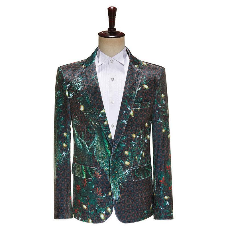 Men Peacock Printed Suit Host One Button Wedding Party Formal Blazer Tuxedo New
