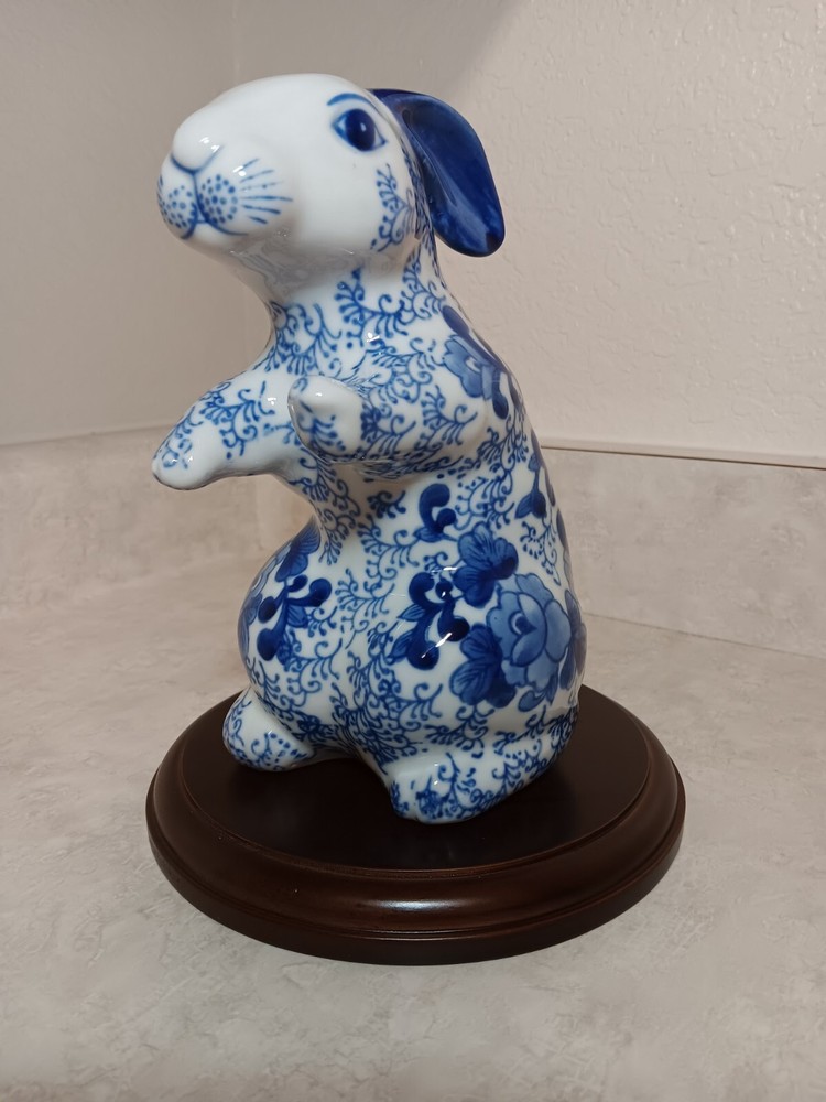 Blue & White Bunny Rabbit Porcelain Figurine Floral Design Standing Asian Decor