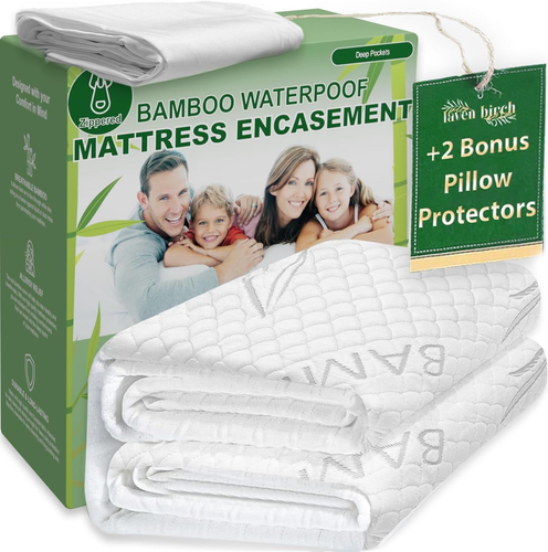 Bamboo Rayon Zippered Queen Mattress Protector with 2 Pillowcases in White
