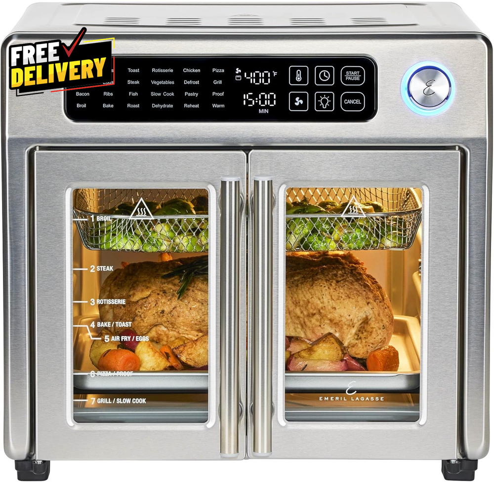 Extra Large French Door Air Fryer Toaster Oven 26QT 24 Functions Stainless Steel