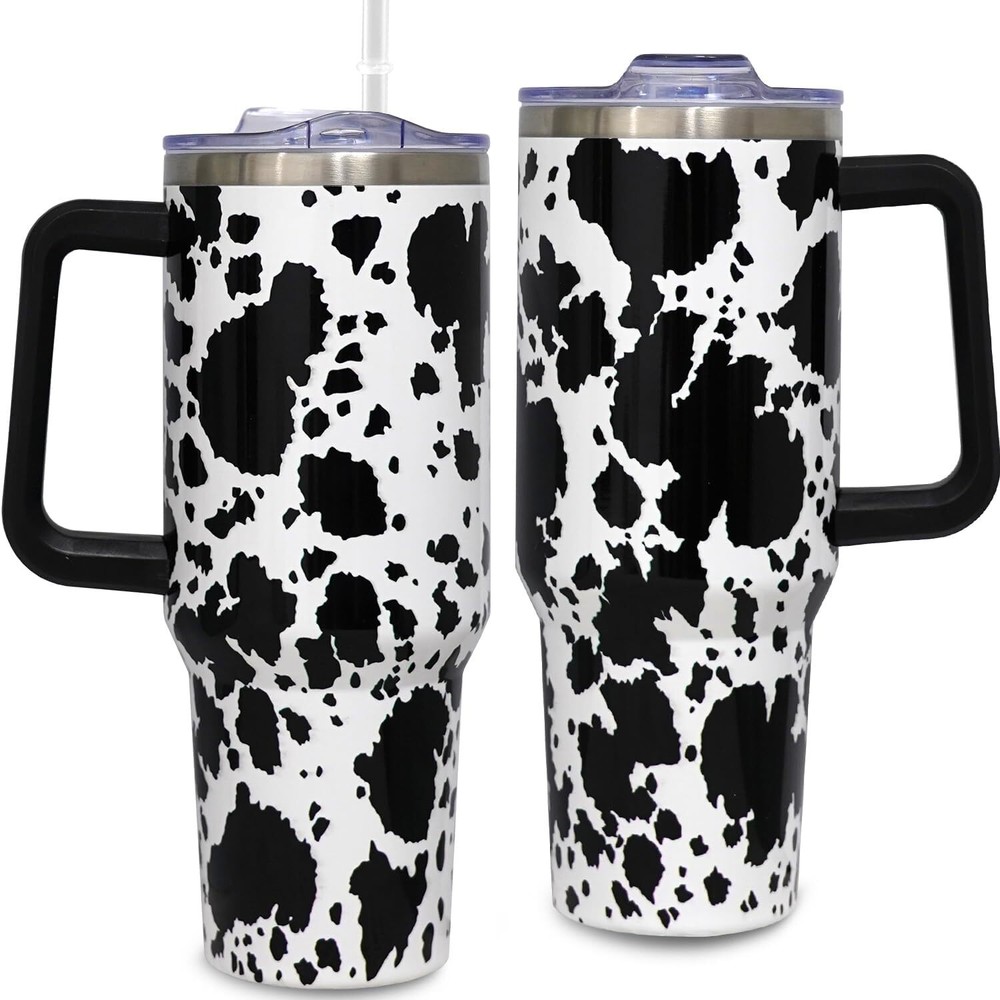 40oz Cow Tumbler With Handle Lid and Straw-Cow Print Stainless Steel Insulated T