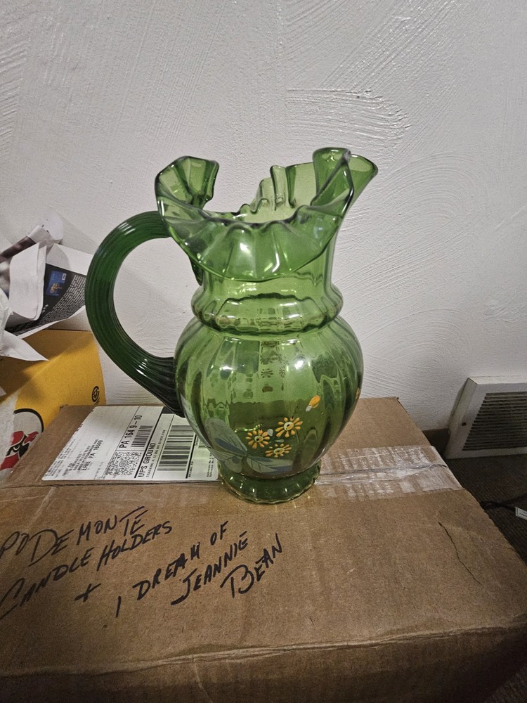 Vintage WATER PITCHER GLASS ruffled green Glass
