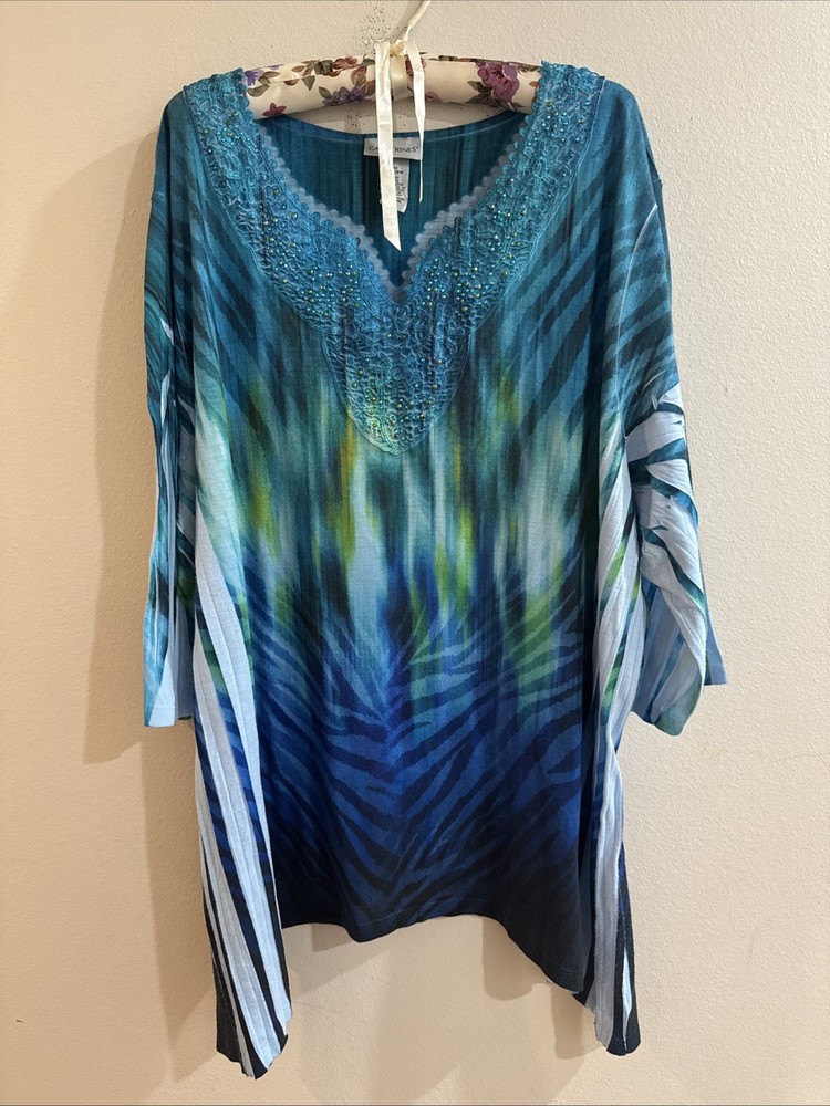Catherine’s Women’s Blue Abstract Embellished Top 3X Tropical Resortwear Beach