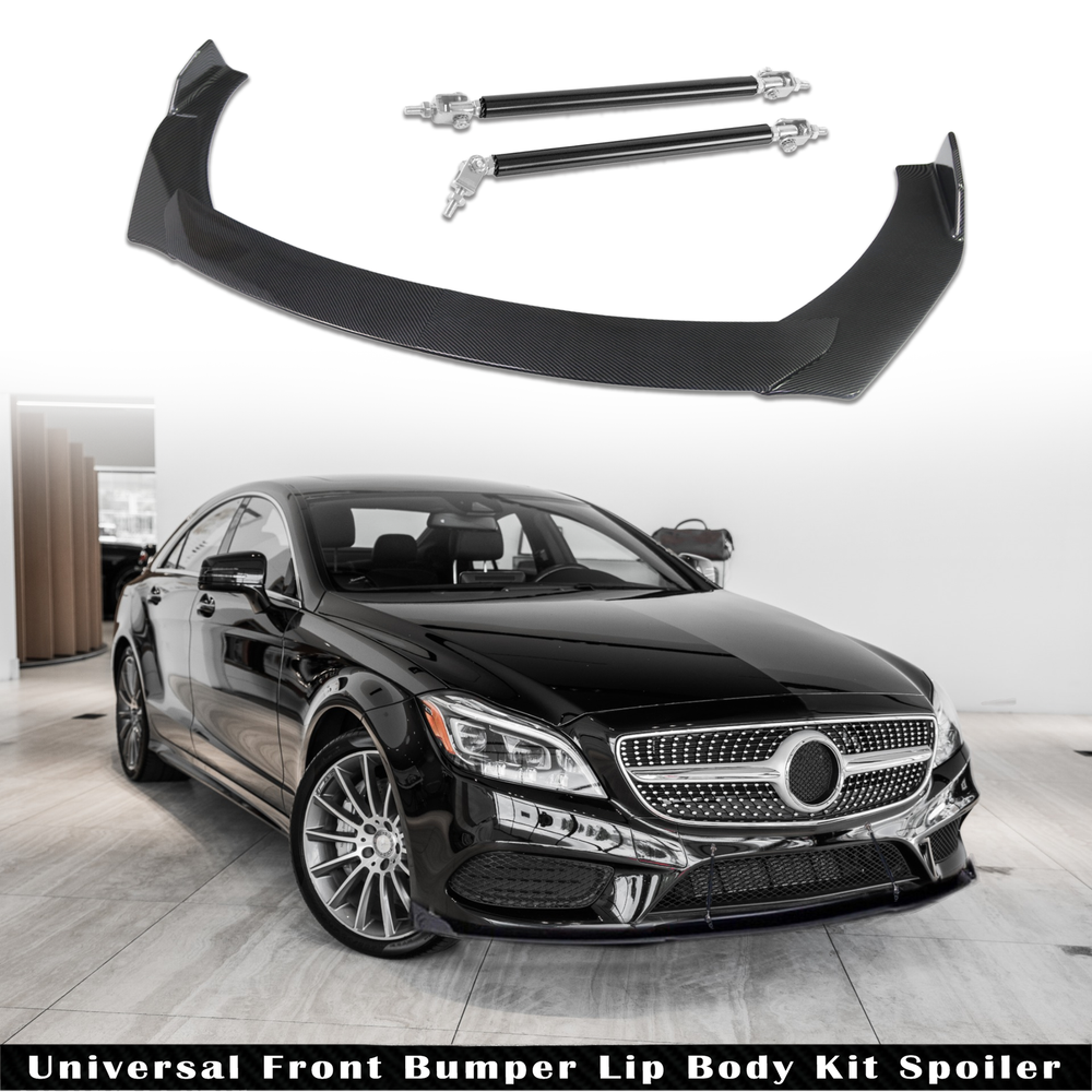 For Universal Car Carbon Front Bumper Lip Spoiler Splitter+Strut Rods