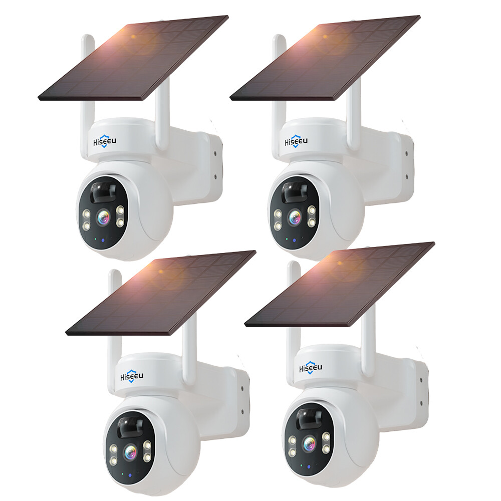 Used Hiseeu 4MP PTZ Wireless Solar Security Camera Set with PIR Motion Detection and Outdoor Battery for WIFI Monitoring, 4-Pack