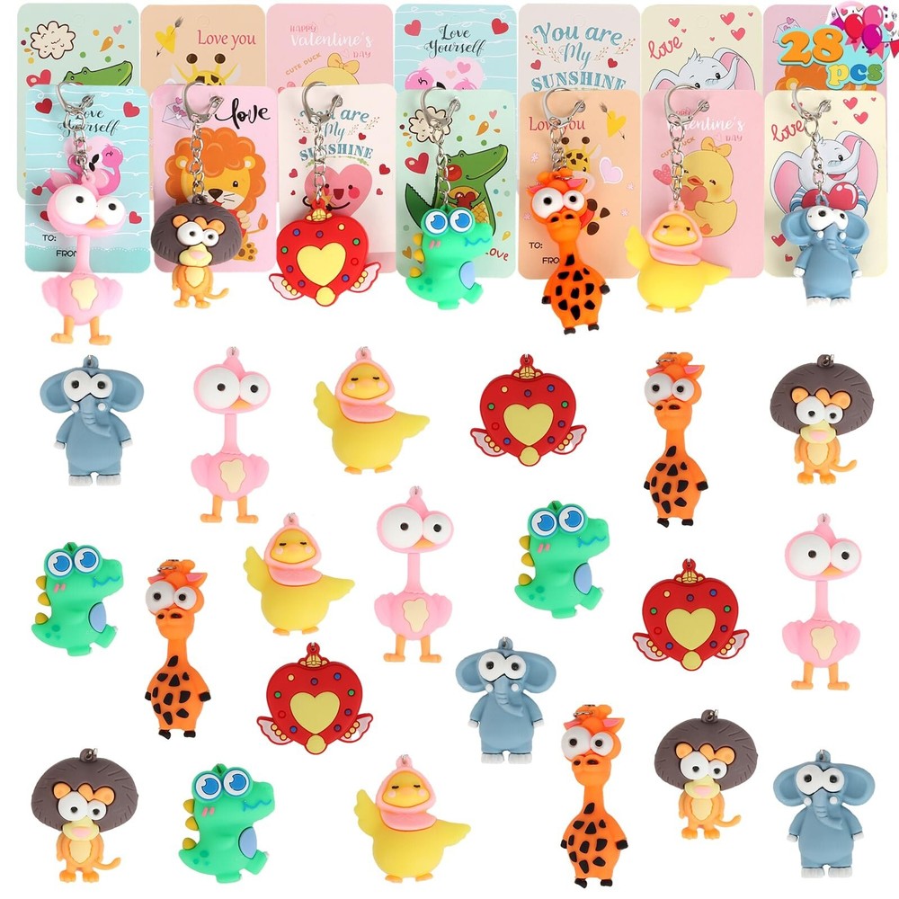 28 Pack Valentines Day Gifts for Kids with Animal Keychains, 7-Design Valenti...