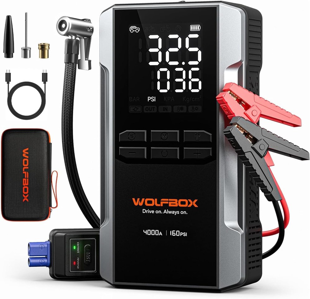 WOLFBOX 4000A Jump Starter with 160PSI Air Compressor, 12V Car Battery Booster,