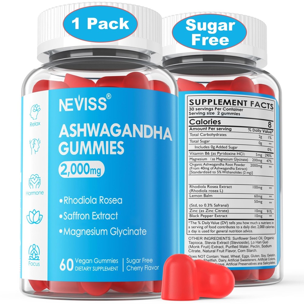 Sugar Free Ashwagandha Gummies 2000mg with Magnesium Glycinate and Rhodiola Rosea for Stress Relief