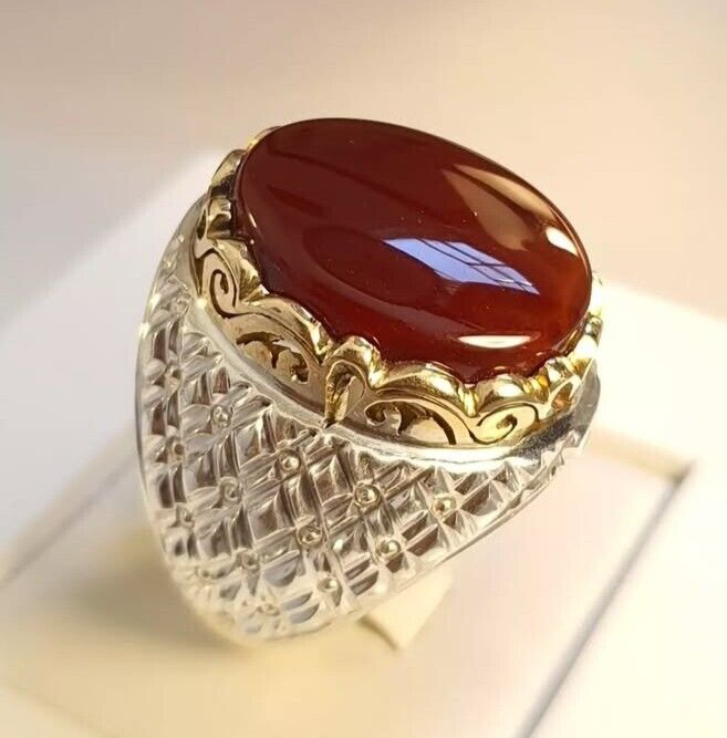 Natural Yemeni Aqeeq Ring For Men Natural Red Aqeeq Ring Agate In Silver 925