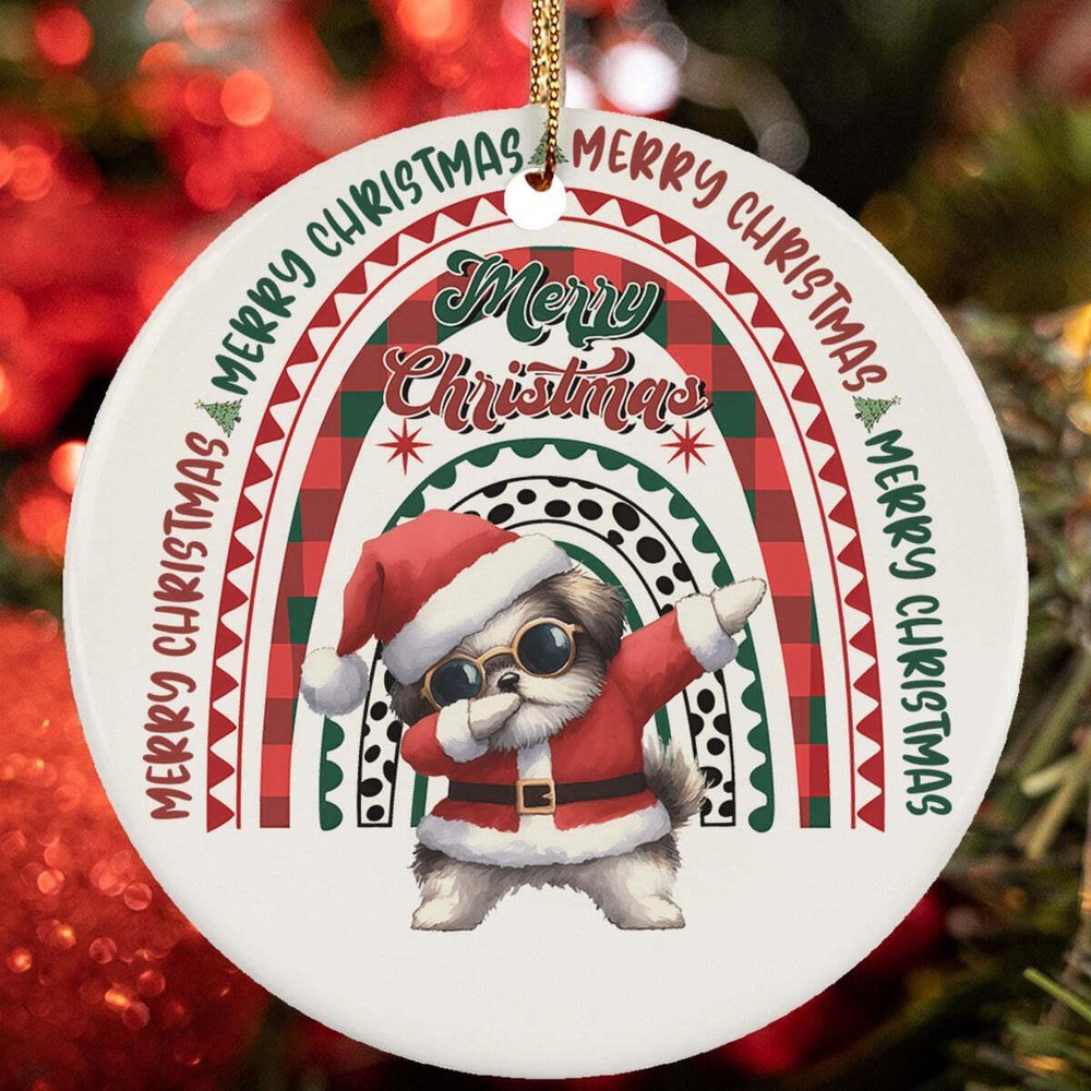 Merry Christmas Shih Tzu Dog Santa Dabbing Dance Rainbow Ornament Gift Decor