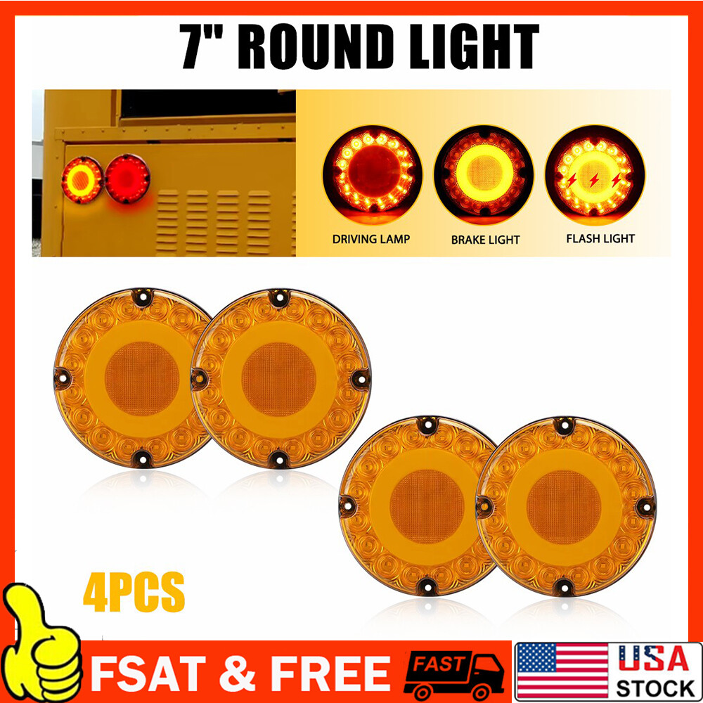 4x 7-Inch Round Amber LED Truck Trailer Bus Tail Lights for Brake Stop Turn Signal DRL Function