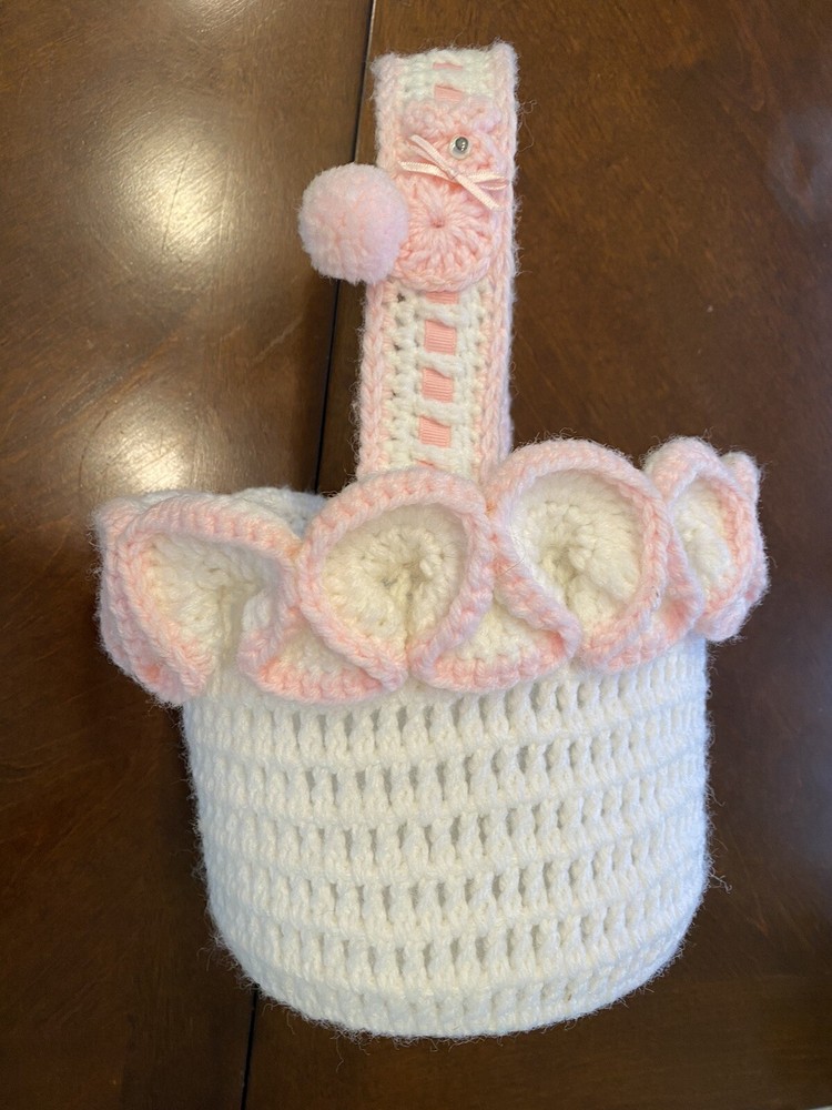 Vintage Hand CROCHETED Stitched Easter Basket Granny Chic Cottage Pink White
