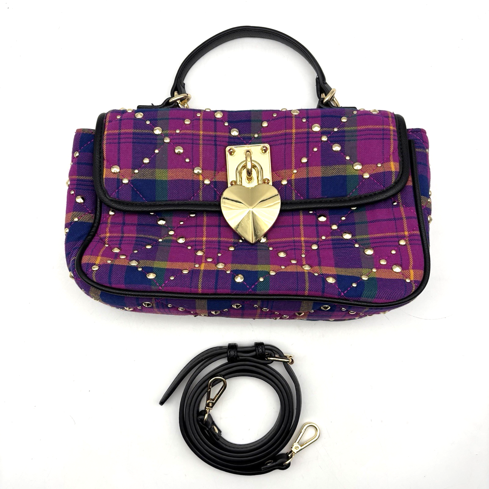 Vintage Y2K Betsey Johnson Pretty & Punk Purple Plaid Gold Studded Flap Purse
