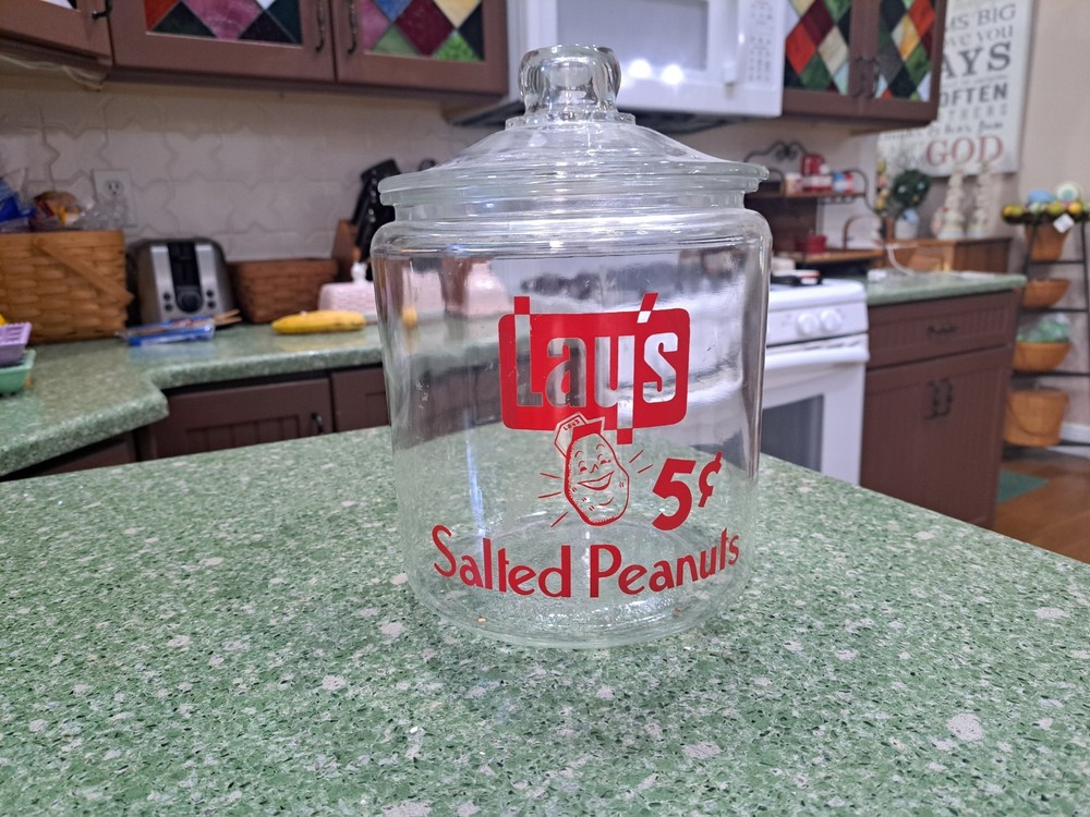 Vintage Lay’s Salted Peanuts-Glass Counter Jar-General Store  Rare Find with lid