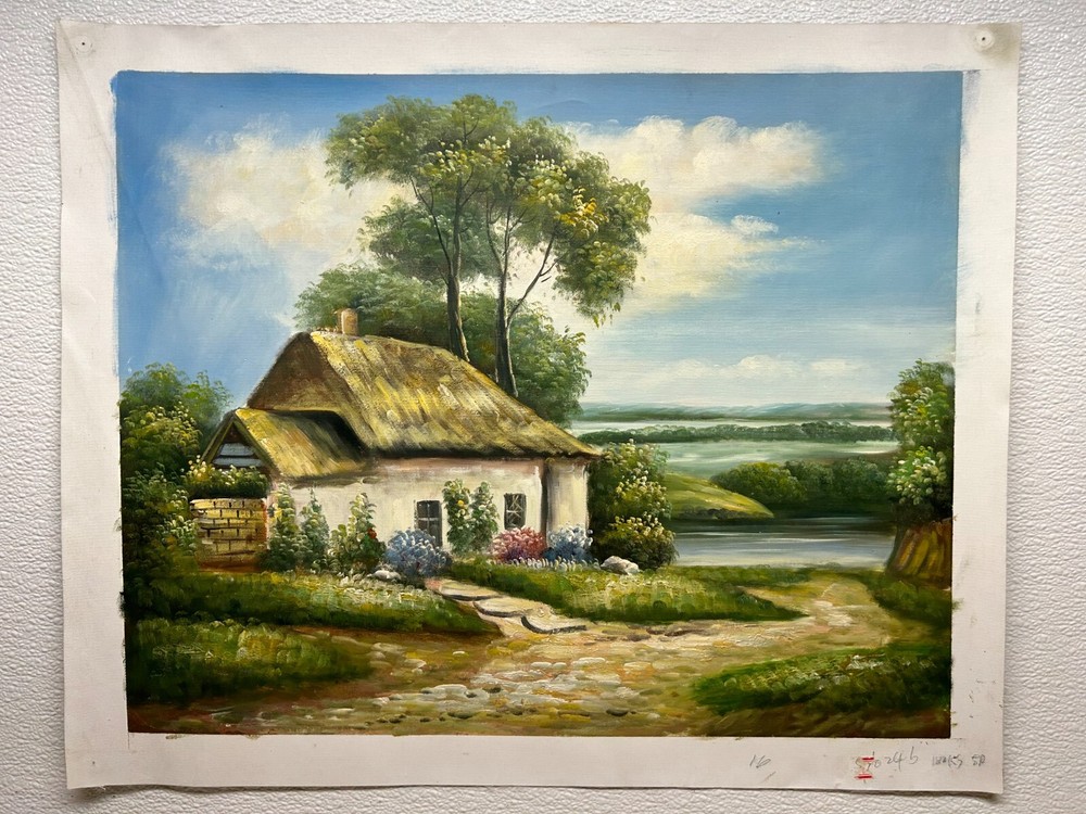 Genuine Oil Painting Unknown Artist Cottage Landscape Size: 16.5 x 21 No Frame