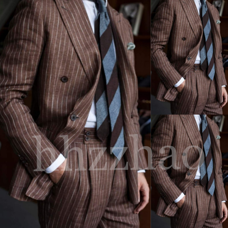Retro Brown Striped Peak Lapel Double Breasted Mens Wedding Tuxedo Suit