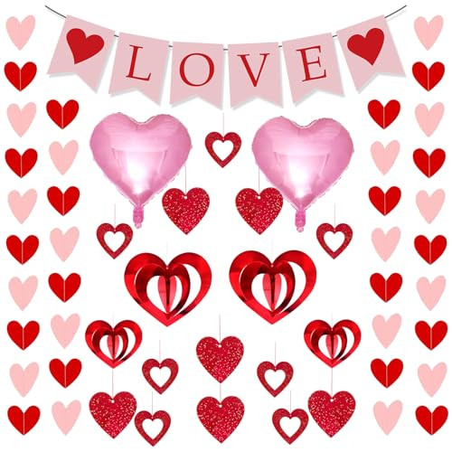 61Pcs Valentines Day Decoration Kit with Love Banner, Heart Balloons and